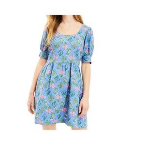 Loft Womens Blue Floral Dress With Puff Sleeves Size 10